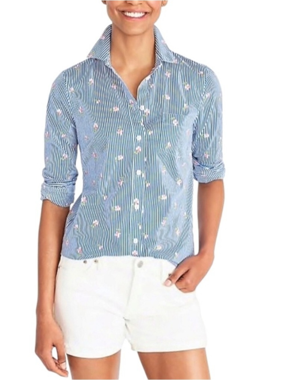 J.Crew Mercantile Blue Striped Pink Floral Embroidered Button Down Shirt Medium